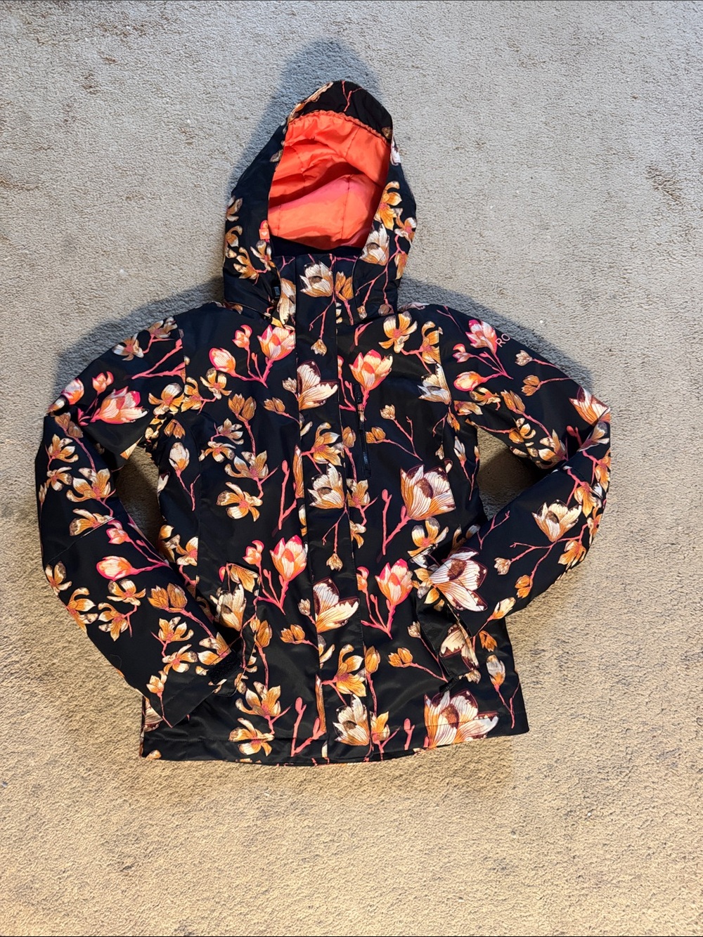 Roxy Black Floral Ski Jacket with Coral Hood Lining